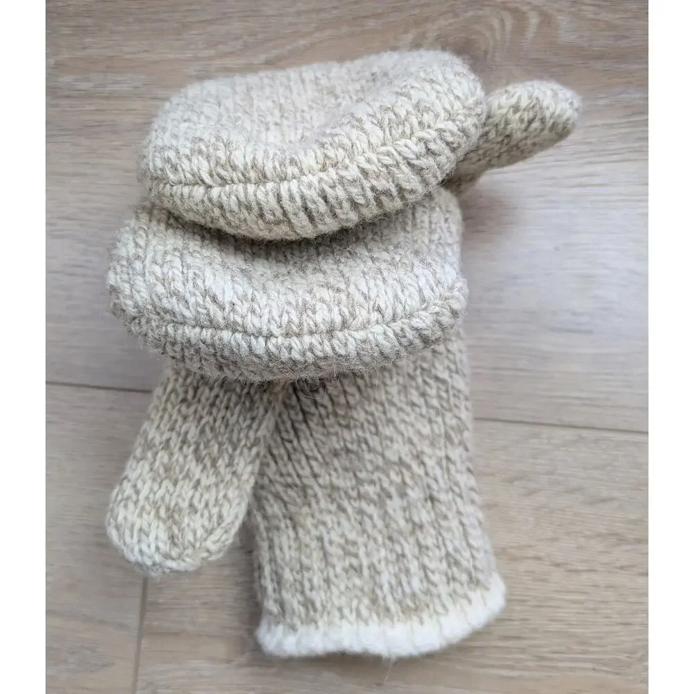 Wool 85% Blend Knit Mittens Large Oatmeal Beige Fleece Lined Rustic Warm Haiti